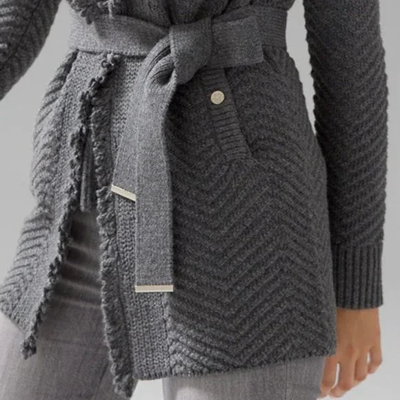 WHBM $140 NWT Fringe Shawl Sweater Coat Cardigan Jacket Grey S M - Picture 6 of 8